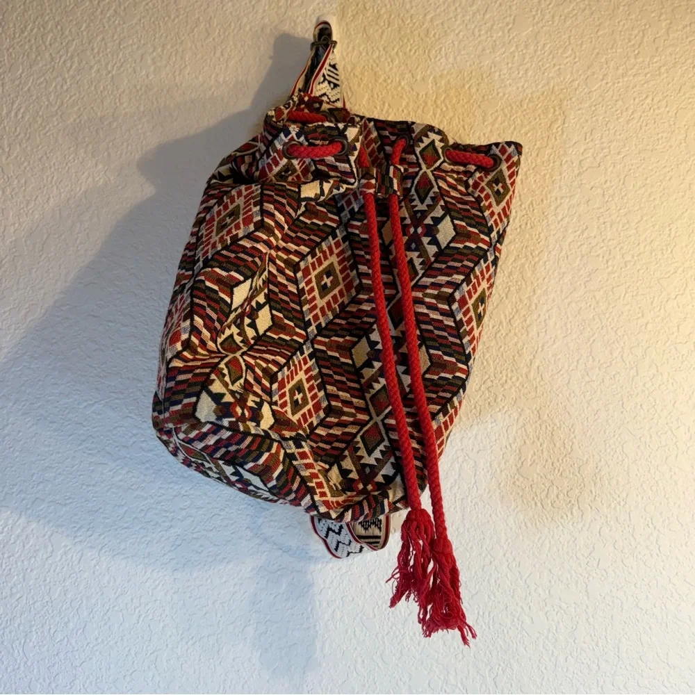 Woven Tapestry Aztec Patterned Drawstring Backpack. 15x15.‎ Multicolor